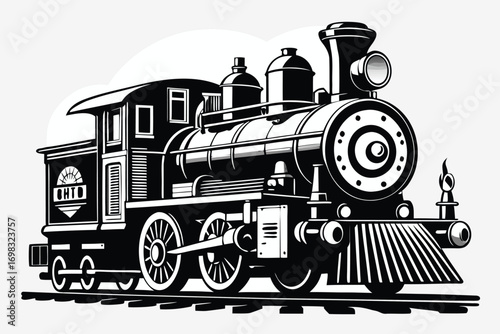 Vintage steam locomotive train black and white illustration railroad transportation retro travel journey