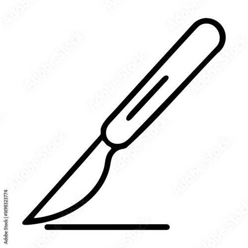 Illustration of a surgical scalpel with a handle and a sharp blade cutting line