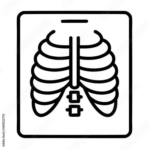 Illustration of a chest x ray with ribs spine and sternum in black outline on white background