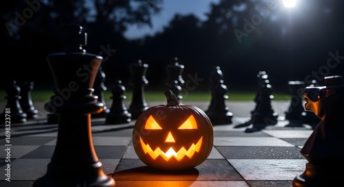 A supernatural game is afoot with a glowing jack-o'-lantern as the king on a giant, moonlit chessboard