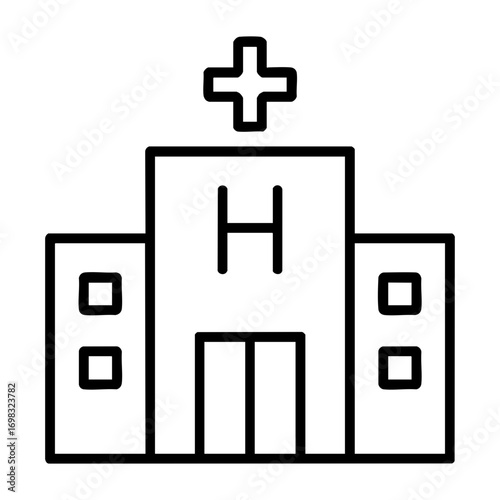 Illustration of a hospital building with a cross on top in a simple line drawing