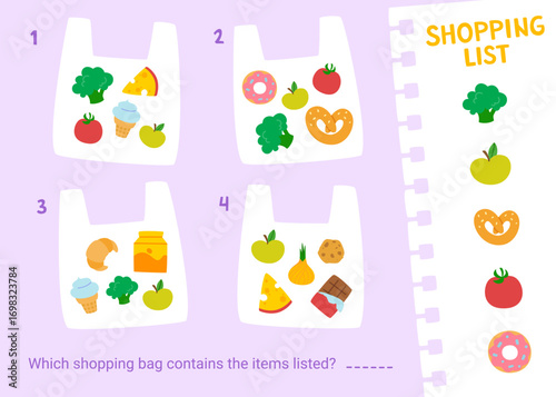 Mini game for kids with shopping bag. Cartoon food supermarket game.