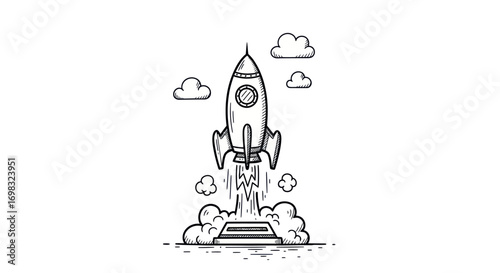 Hand-drawn rocket launching into the sky with clouds.