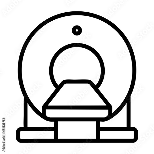 Outline drawing of a ct scanner machine with a round shape and a flat surface area