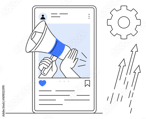 Hands holding a megaphone over a social media post, reflecting content promotion, engagement, and growth. Ideal for marketing, branding, communication, strategy, awareness influence simple flat