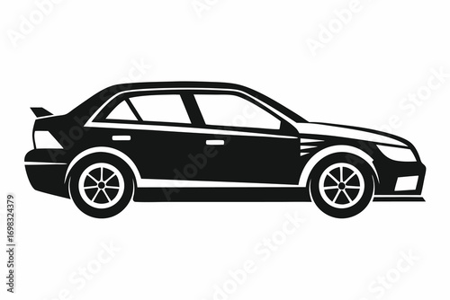 Black and white silhouette of a sporty sedan car side view illustration