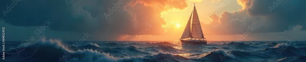 Naklejka premium A lone sailboat navigates stormy seas, representing hope and deliverance amidst adversity The dramatic lighting emphasizes the struggle and eventual triumph , hope, intense, epic