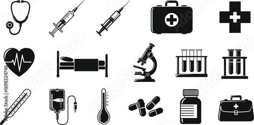 Medical icons set with stethoscope, syringe, first aid kit, heart monitor, hospital bed, microscope, test tubes, thermometer, pills, healthcare symbols.