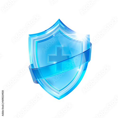 Illuminated azure shield embodying security, protection with an encircled ribbon on a simple