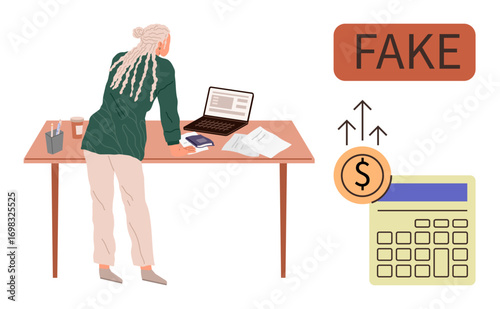 Woman studying papers on desk with laptop, fake alert, calculator, and dollar rise icon. Ideal for fraud detection, financial scams, warnings, finance risk management business accountability. A