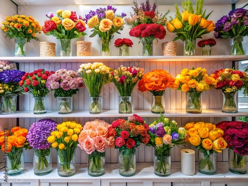 Wallpaper Mural A vibrant display of colorful flowers arranged in glass vases on white shelves in a flower shop Torontodigital.ca