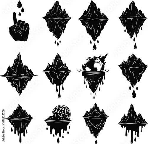 Melting iceberg and climate change concept vector, global warming, dripping ice mountains, save earth environment silhouette illustration set.