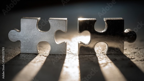 Two metallic puzzle pieces with interlocking tabs rest on a textured surface,