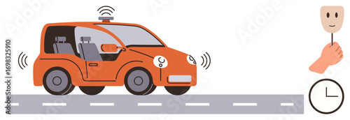 Orange self-driving car on grey road emitting signals, equipped with facial design. Hand holding human mask and clock symbolize time, human-machine interaction. Ideal for AI, autonomy, transport