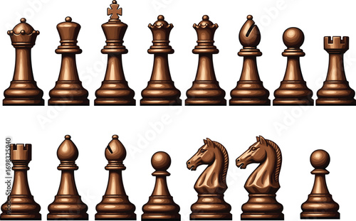 Wooden chess pieces, classic board game elements, brown chess set icons, strategic game illustration, high-resolution chess figure collection