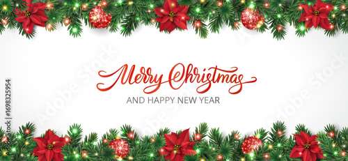 Vector Christmas tree border with top and bottom fir branches, poinsettias, glowing lights, baubles and Merry Christmas calligraphy. Perfect for party posters, greeting cards, headers, flyers.