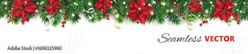 Seamless vector Christmas tree top decoration with red poinsettias, holly berries, fir branches, glowing lights, and ribbons. Transparent background in vector file. Great for party posters and banners