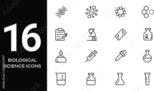 Sixteen biological science icons for educational resources, research projects, or medical presentations