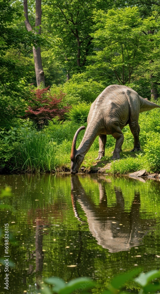 Fototapeta premium A large, light gray dinosaur drinks from a pond, its reflection clearly visible in the still water, amidst lush green foliage and trees.