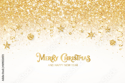Holiday banner with golden shiny glitter, ornaments, stars and ribbons. Elegant Merry Christmas lettering on white background. For festive cards, invitations, headers, party posters, social media.