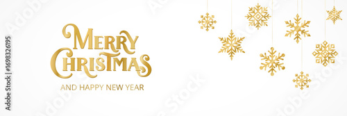 Gold Merry Christmas lettering with swirl elements. Hanging golden glitter snowflakes, winter garland decoration. Great for Christmas and New year banners, seasonal invitations, posters, social media.
