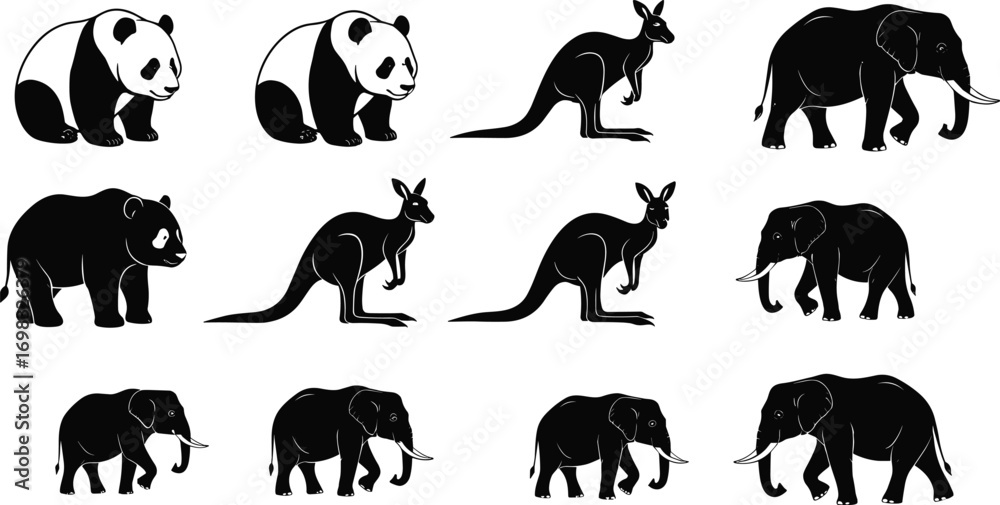 Obraz premium Panda bears, kangaroo silhouettes, elephant outlines, wildlife animals, nature icons, black and white animal vectors, exotic animal illustrations, wildlife collection, safari animals, animal shapes.