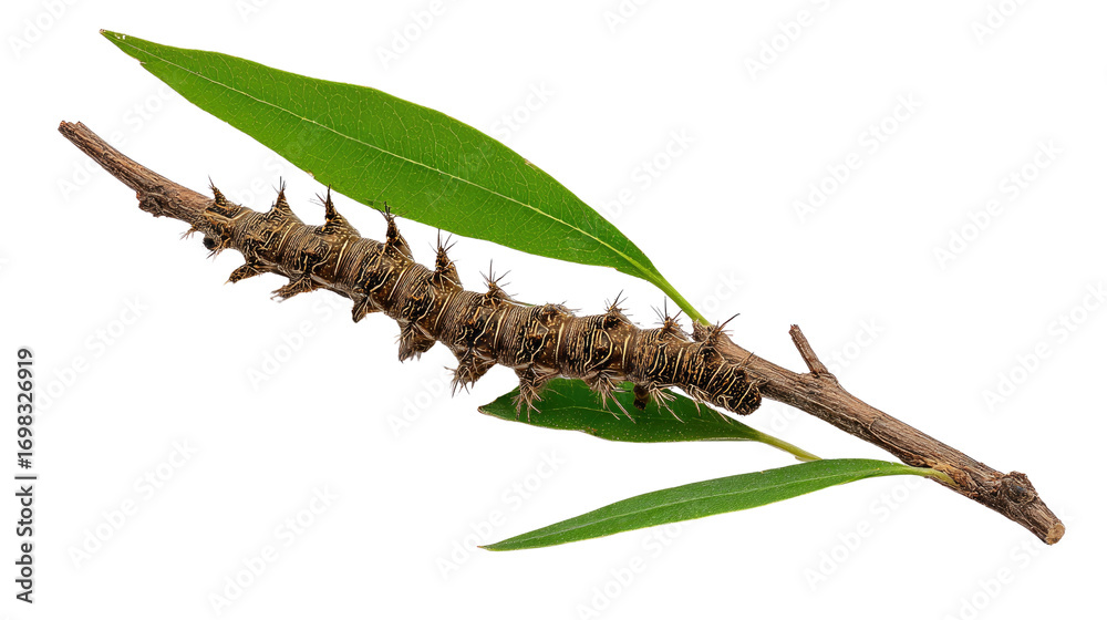 Fototapeta premium A unique, brown caterpillar resting on a green leaf, showcasing intricate textures and details against a white isolated background.