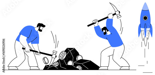 Two individuals mining resources with tools thumbs up pickaxes and hammer near a rocket launch. Ideal for teamwork, innovation, entrepreneurship, progress, technology, success, investment. Simple