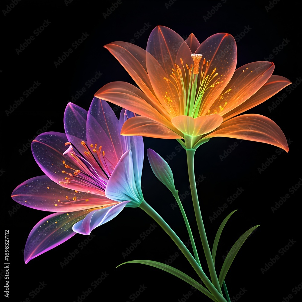 Fototapeta premium Colorful Neon Lily Flowers on Black Background – Glowing Digital Art of Transparent Petals, Abstract Botanical Design, Futuristic Floral Illustration, Vibrant Nature Artwork