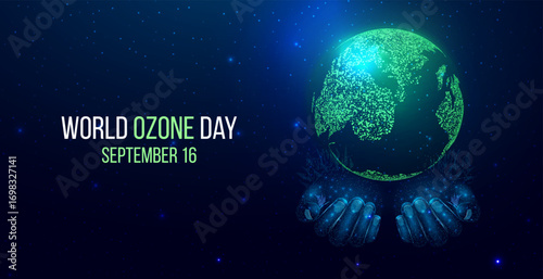 World ozone day banner. Futuristic map of the planet. World map. Abstract background with glowing planet Earth. Vector illustration.