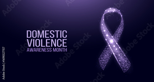 Domestic Violence Awareness Month concept.  Banner template with glowing low poly purple ribbon. Futuristic modern abstract background. Vector illustration.