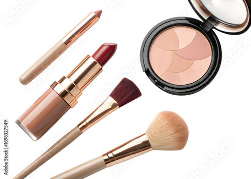 Elegant beauty products makeup brushes and lipstick for cosmetic application on black background