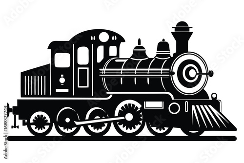 Vintage steam locomotive black and white illustration retro train transportation railroad journey travel engine classic