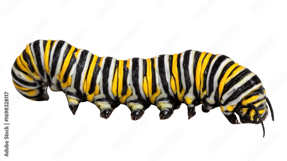 Naklejka premium Close-up of a vibrant striped caterpillar, showcasing its detailed texture and striking colors. Perfect for nature enthusiasts and educational materials.