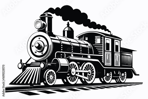 Vintage steam locomotive train black and white illustration railroad transportation retro travel journey