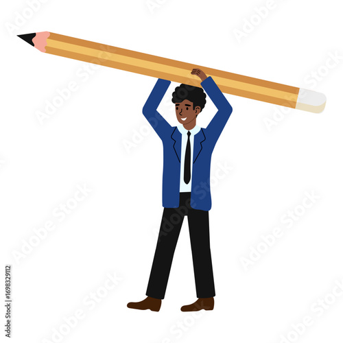 Cartoon character holding a giant pencil in a playful and creative manner at an outdoor setting