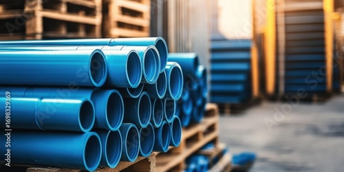 Close-up of blue PVC plumbing pipes stacked on wooden pallets at a construction site- representing industrial materials and infrastructure.