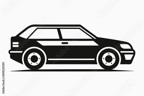 Black and white illustration of a hatchback car side view simple design