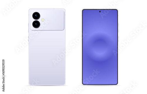 Realistic vector illustration of a modern smartphone mockup showing front and back view. Screen mobile phone template for app presentation, UI design, advertising, and technology concepts