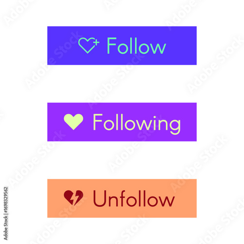 Vector set of colorful follow, following and unfollow rectangle buttons with heart icons. Social media interface elements for design, app UI, and user interaction concepts