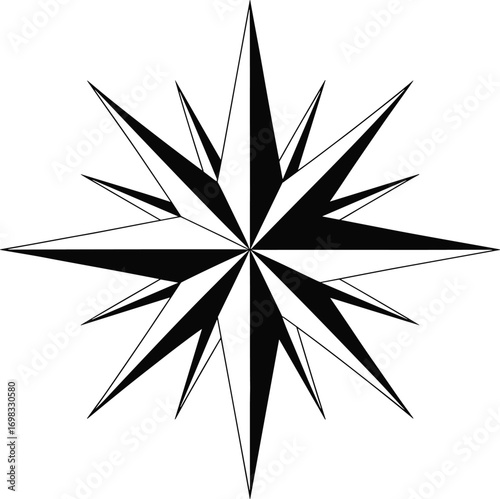 Black and white compass rose starburst design with sharp geometric points, nautical wind direction symbol illustration for navigation and decoration