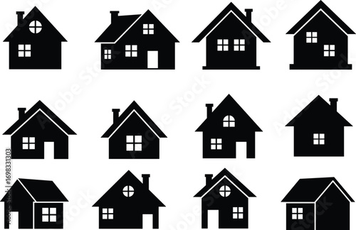 Set of house silhouettes, different home designs, residential buildings icons, real estate vector symbols, modern and classic house shapes collection