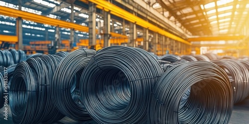 Rows of neatly coiled steel wire rods in a large industrial warehouse. The metal coils- used for various manufacturing processes- reflect the warm glow of sunlight filtering through the facility.