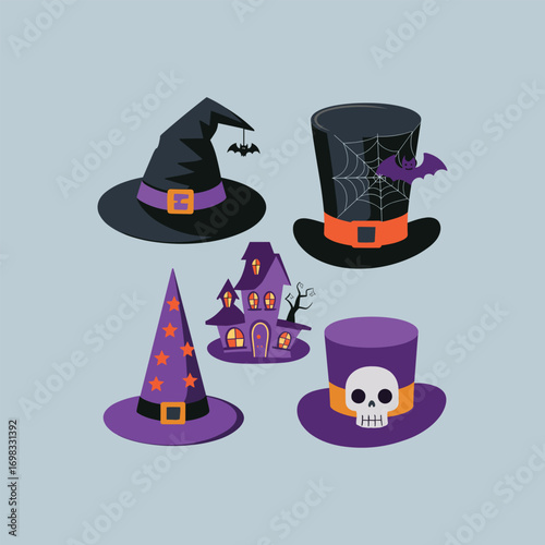 Halloween Witch Hats and Haunted House with Spooky Decorations Vector Illustration
