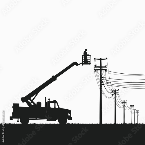 Silhouette of utility worker in bucket truck repairing power lines
