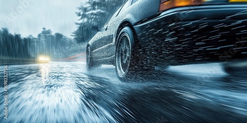 A close-up shot of a car tire moving on a wet road in heavy rain. The blurred motion and water splashes highlight the intensity of the weather and driving conditions