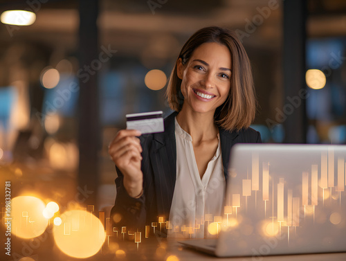 Businesswoman holding credit card near laptop, smiling confidently in modern office, warm lighting, financial growth concept, digital payment, professional female