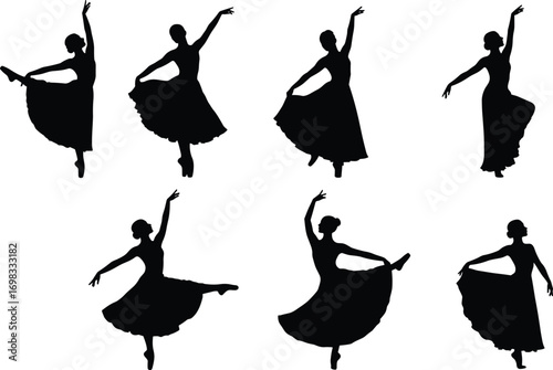 Ballet dancer silhouette vector illustration, elegant ballerina women performing dance poses, classical art design, graceful movement artwork for culture and performance