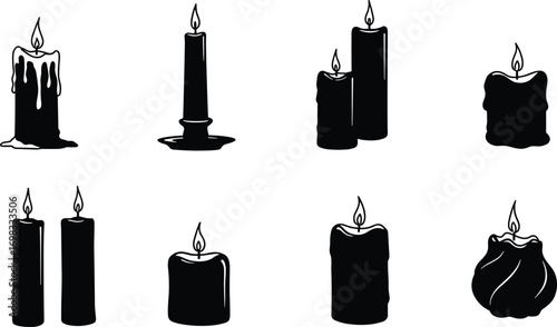 Burning candle silhouette vector illustration, wax candles with flame design, decorative light artwork for spirituality, religion, meditation, celebration and relaxation themes