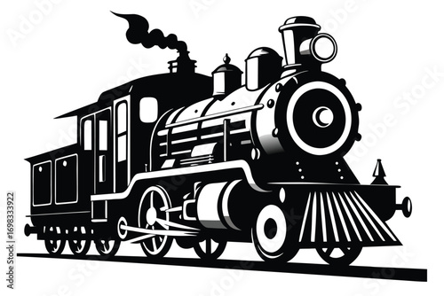 Vintage steam locomotive black and white illustration railroad train transportation retro classic engine